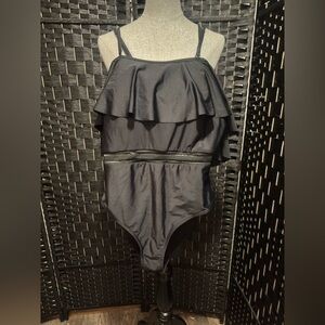 Amazon Black Ruffled One Piece Swimsuit w sheer waistline and ruffle sleeves